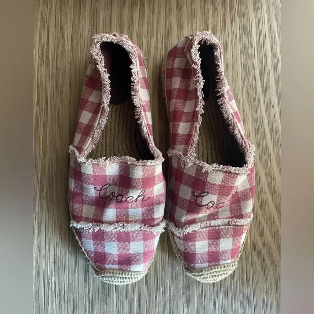 Coach Womens Sz 8.5  Celina Espadrilles Gingham plaid slip Pink Beige Original